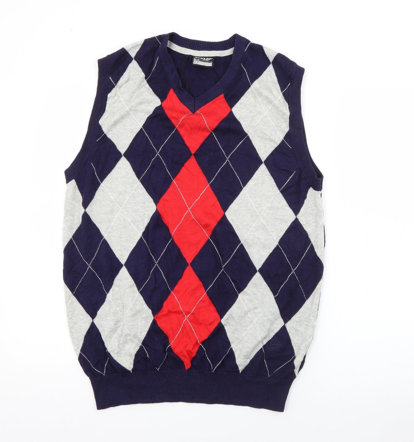 Dunlop Mens Blue V-Neck Argyle/Diamond Cotton Pullover Jumper Size M