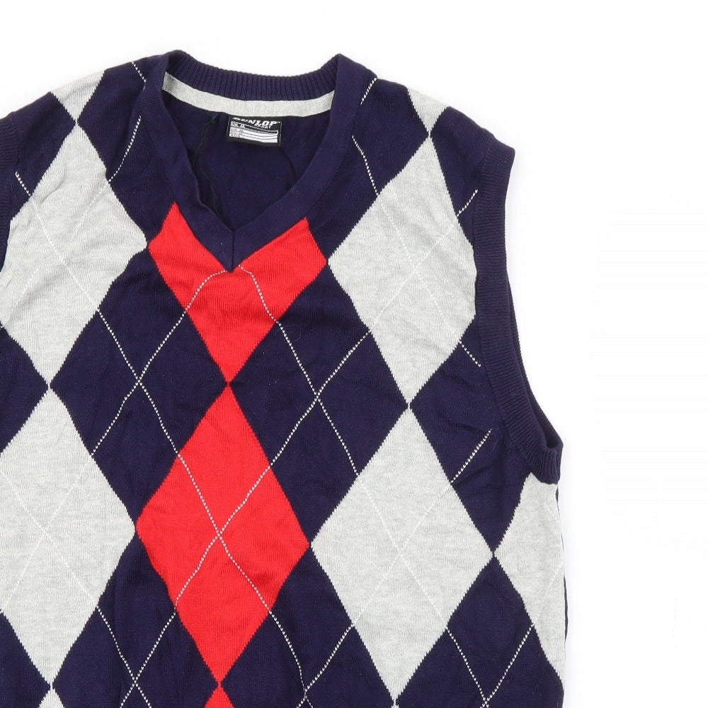 Dunlop Mens Blue V-Neck Argyle/Diamond Cotton Pullover Jumper Size M