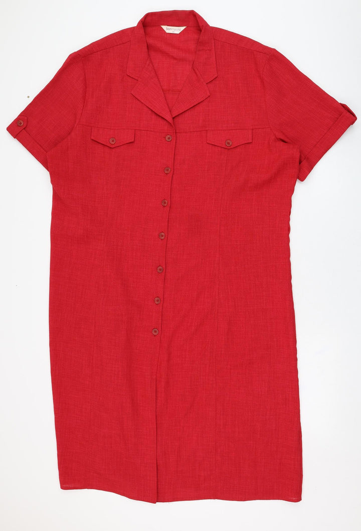 Bonmarché Womens Red Polyester Shirt Dress Size 2 Collared Button