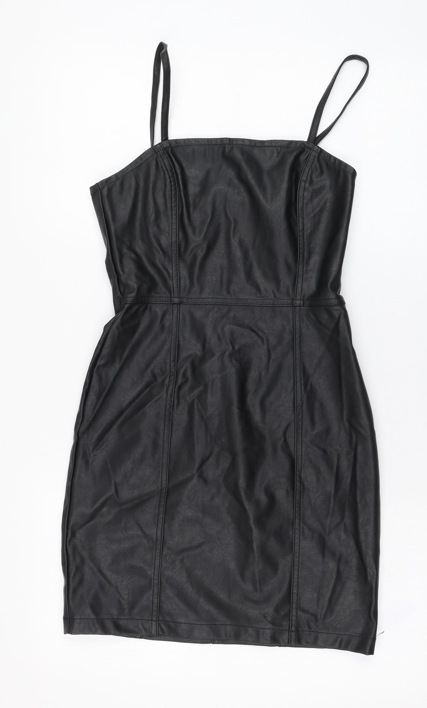 H&M Womens Black  Polyurethane Pencil Dress  Size 8  Square Neck Zip
