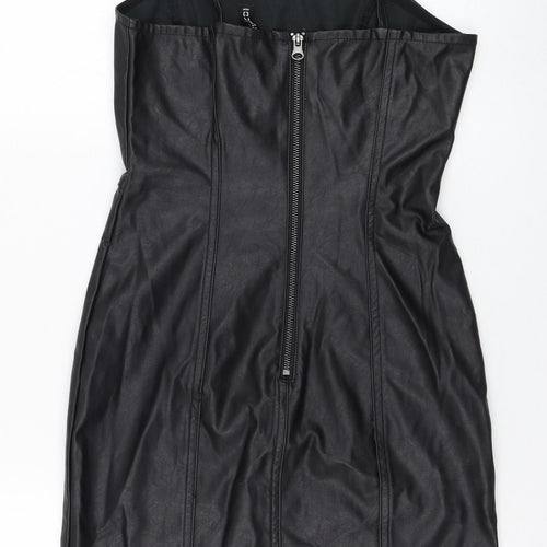 H&M Womens Black  Polyurethane Pencil Dress  Size 8  Square Neck Zip