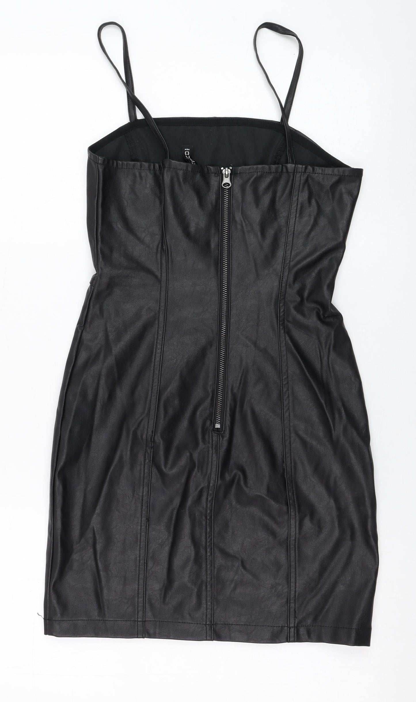H&M Womens Black  Polyurethane Pencil Dress  Size 8  Square Neck Zip