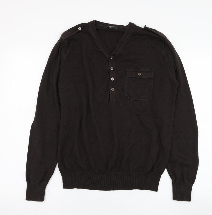 Full Circle Mens Brown V-Neck Cotton Pullover Jumper Size L