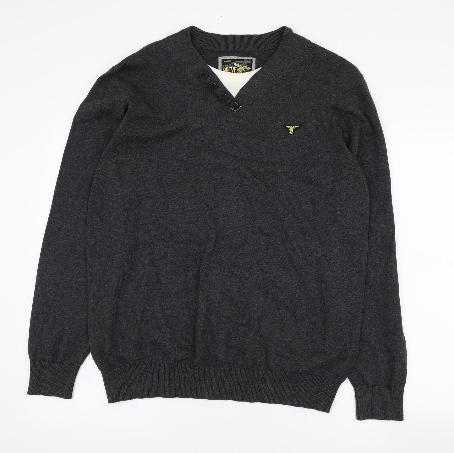 Le Breve Mens Grey V-Neck  Cotton Pullover Jumper Size L