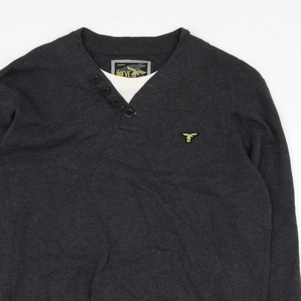 Le Breve Mens Grey V-Neck  Cotton Pullover Jumper Size L