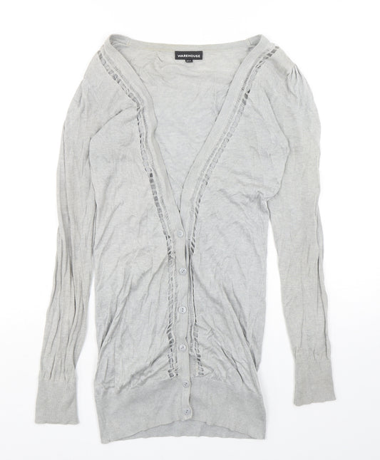 Front view of Warehouse women’s grey v-neck viscose cardigan jumper, size UK 12