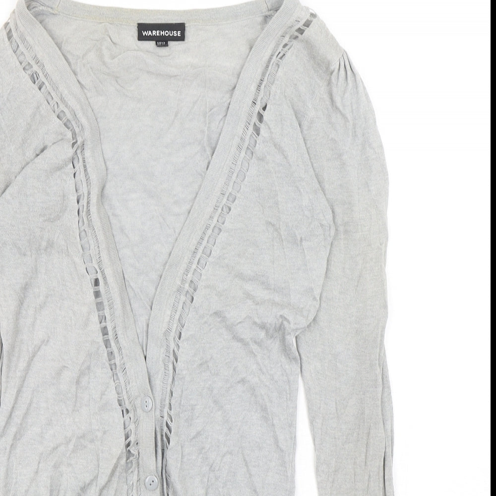 Warehouse Womens Grey V-Neck  Viscose Cardigan Jumper Size 12