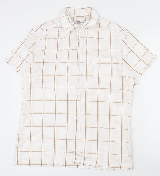 Front view of Burton men’s white plaid polyester button-up, size M, collared button