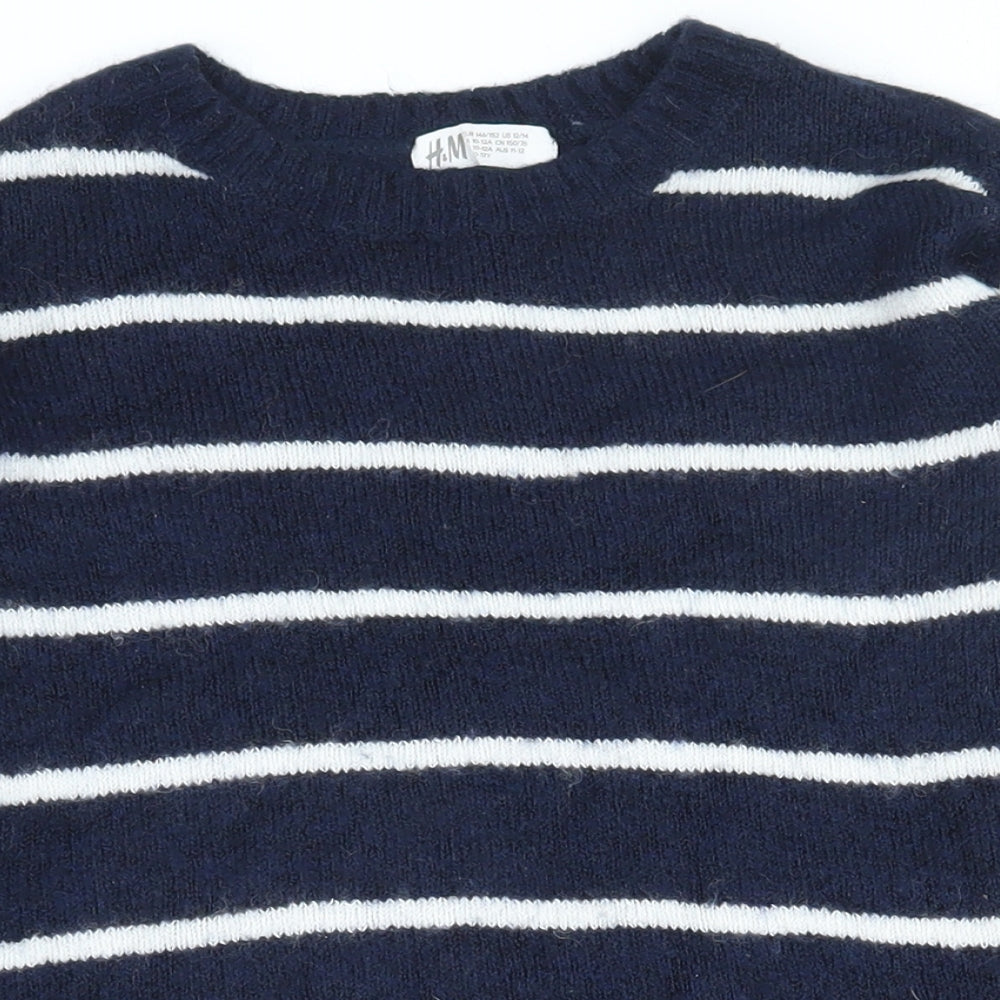 H&M Girls Blue Round Neck Striped Acrylic Pullover Jumper Size 10-11 Years  Pullover