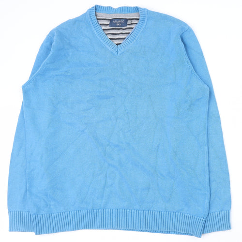 Atlantic Bay Mens Blue V-Neck  Cotton Pullover Jumper Size L