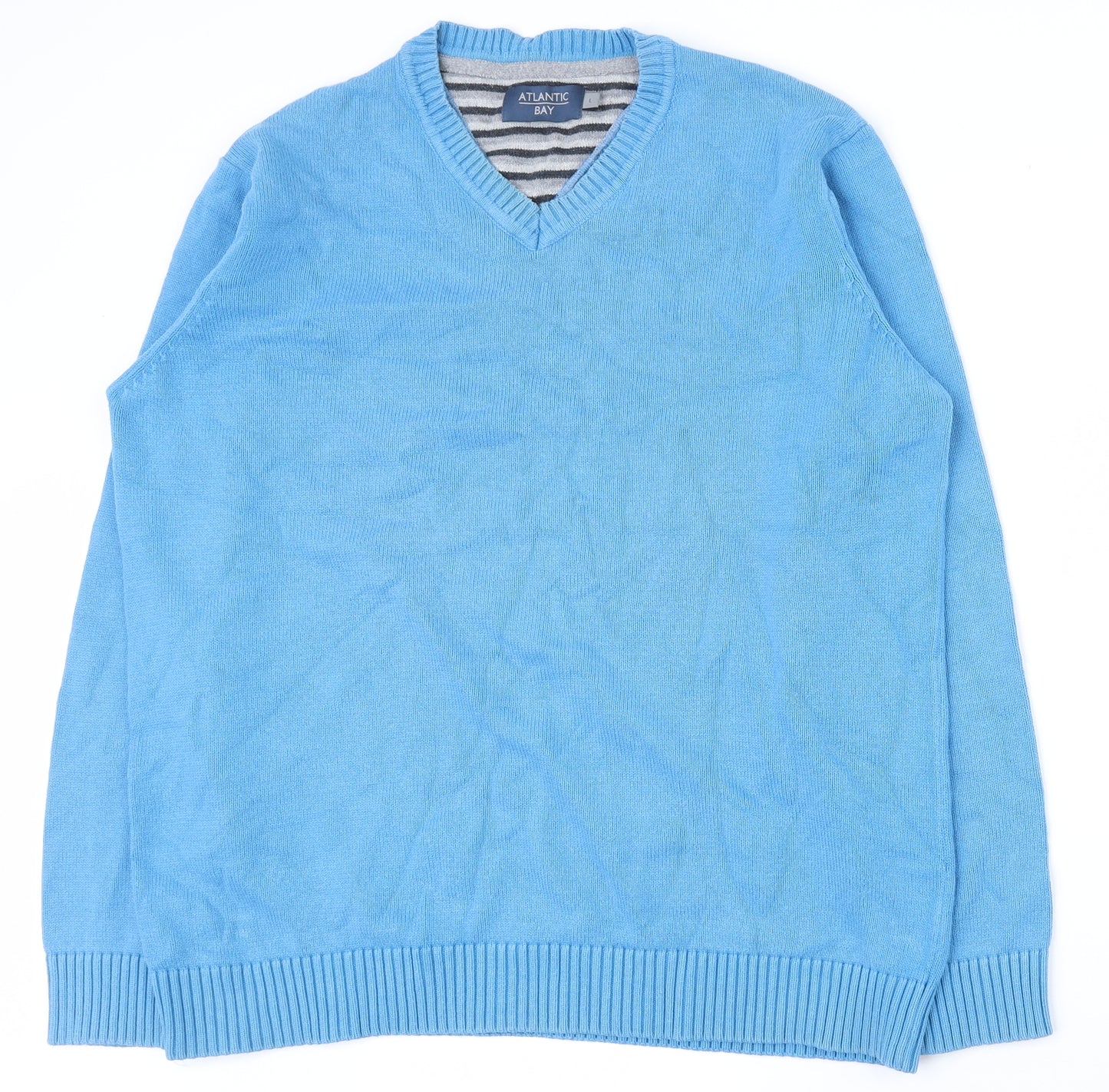 Atlantic Bay Mens Blue V-Neck  Cotton Pullover Jumper Size L
