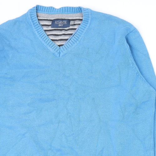 Atlantic Bay Mens Blue V-Neck  Cotton Pullover Jumper Size L