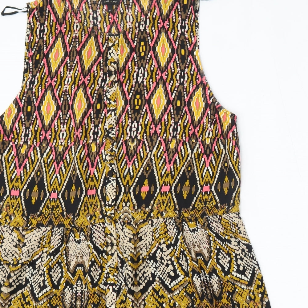 River Island Womens Multicoloured Geometric Viscose Trapeze & Swing  Size 16  Round Neck Button