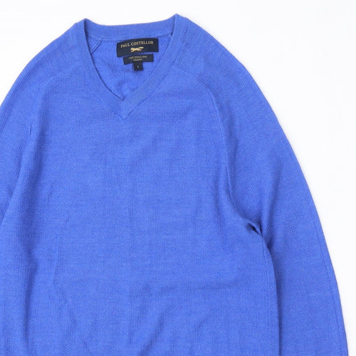 Paul Costelloe Mens Blue V-Neck  Wool Pullover Jumper Size S