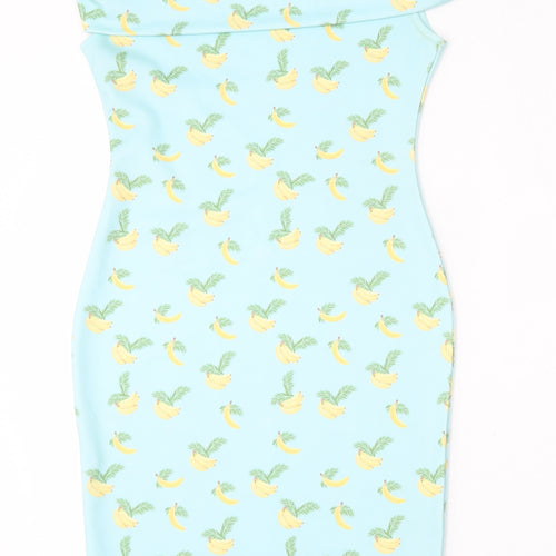 PRETTYLITTLETHING Womens Blue Geometric Polyester Pencil Dress  Size 6  Round Neck