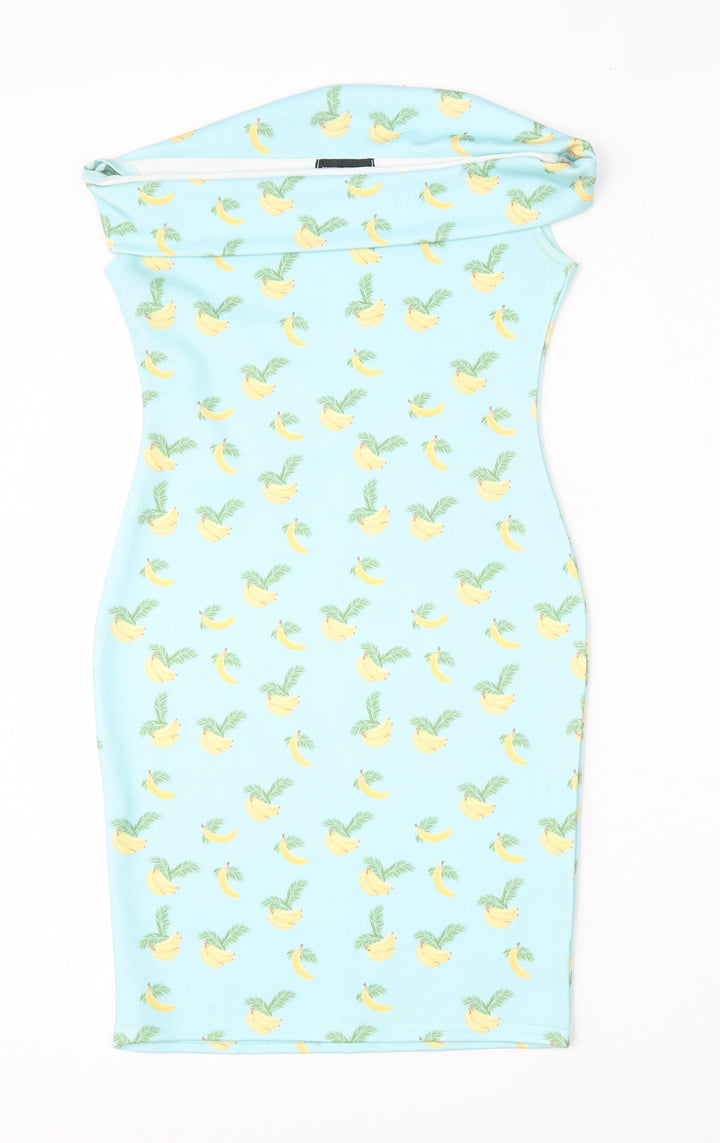 PRETTYLITTLETHING Womens Blue Geometric Polyester Pencil Dress Size 6 Round Neck