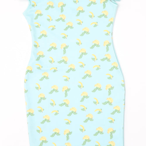 PRETTYLITTLETHING Womens Blue Geometric Polyester Pencil Dress  Size 6  Round Neck