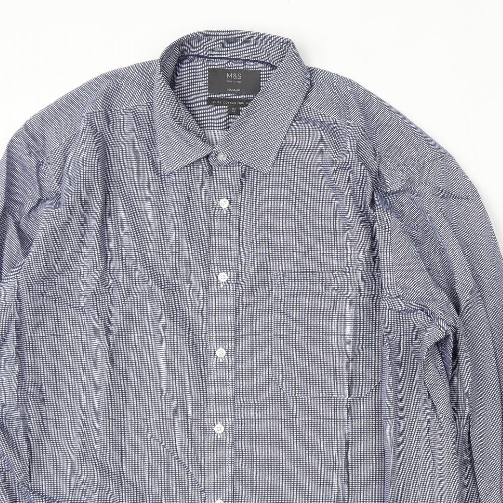 Marks and Spencer Mens Blue Geometric Cotton  Dress Shirt Size 2XL Collared Button