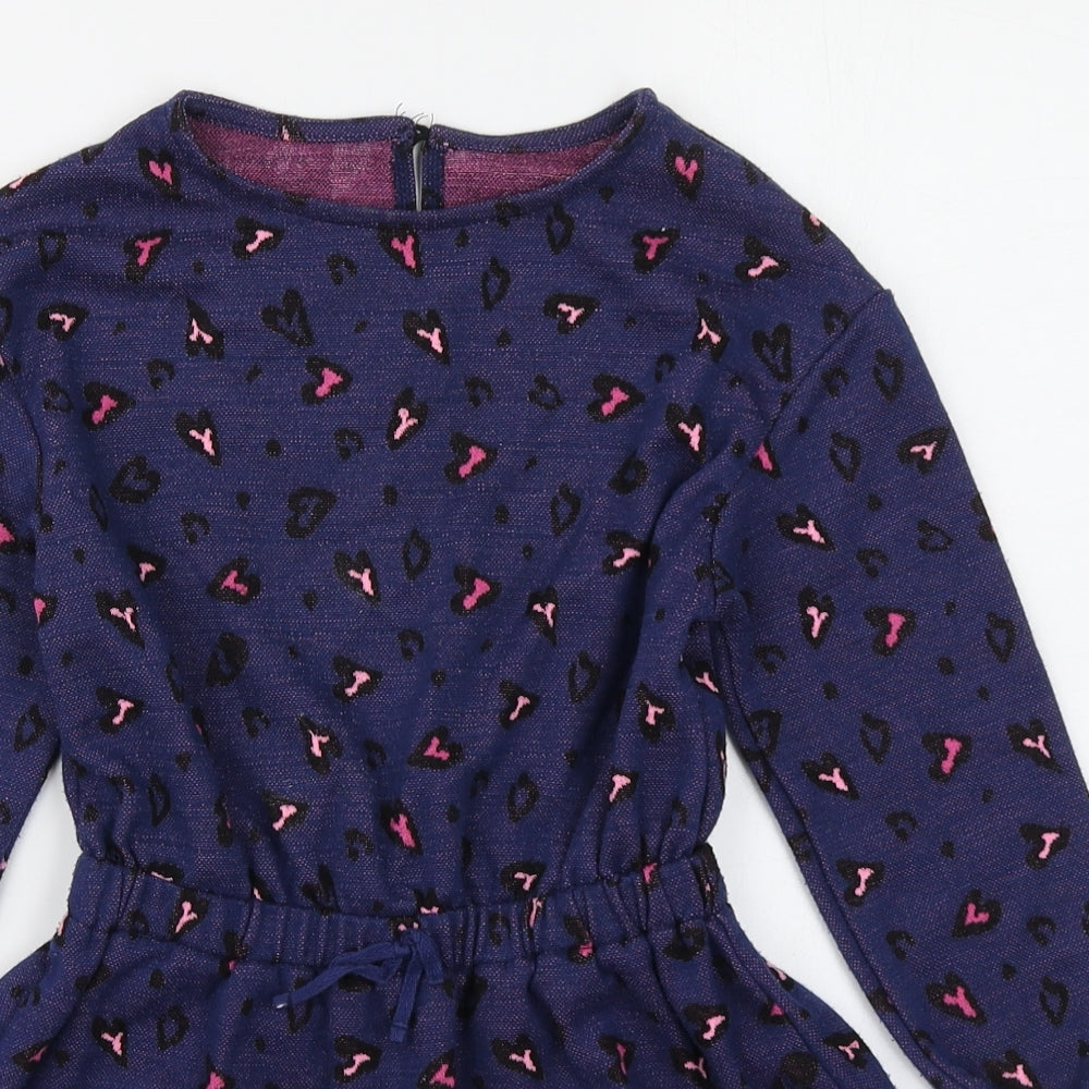 Dunnes Stores Girls Blue Animal Print Polyester Skater Dress  Size 6 Years  Round Neck Button