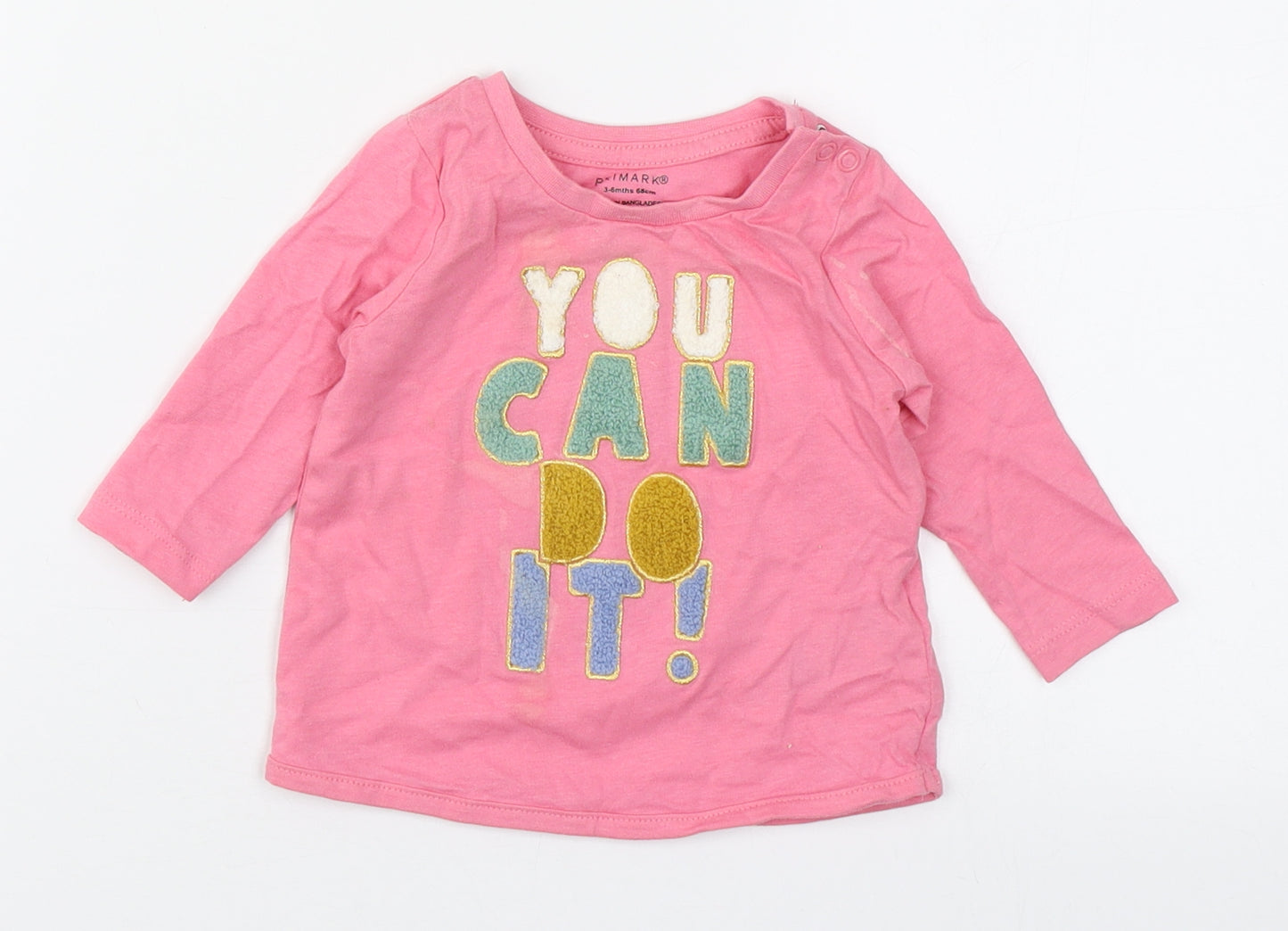 Primark Girls Pink  100% Cotton Basic T-Shirt Size 3-6 Months Round Neck Button
