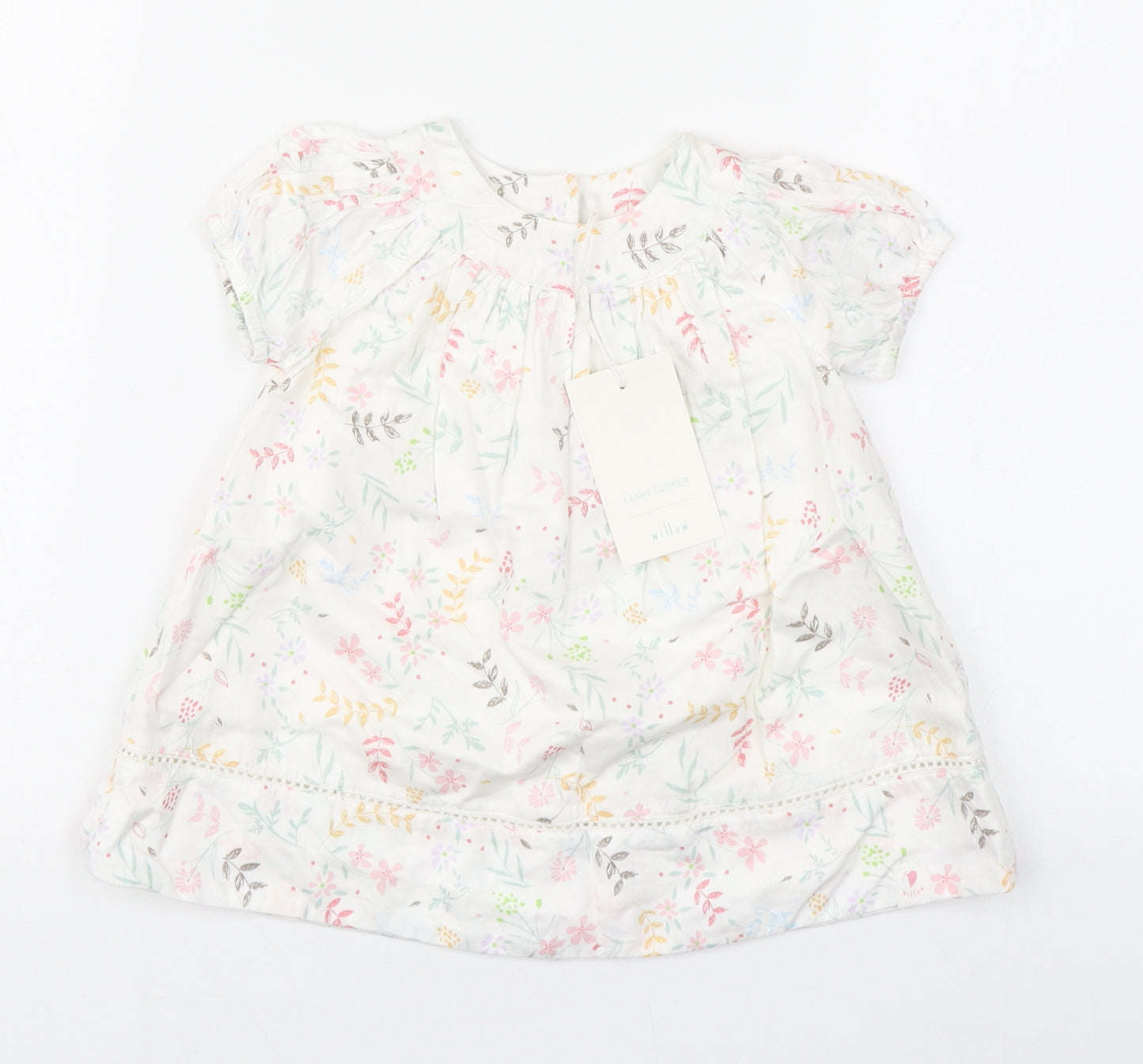 Leigh Tucker Girls White Floral 100% Cotton Trapeze & Swing  Size 3-6 Months  Round Neck Button