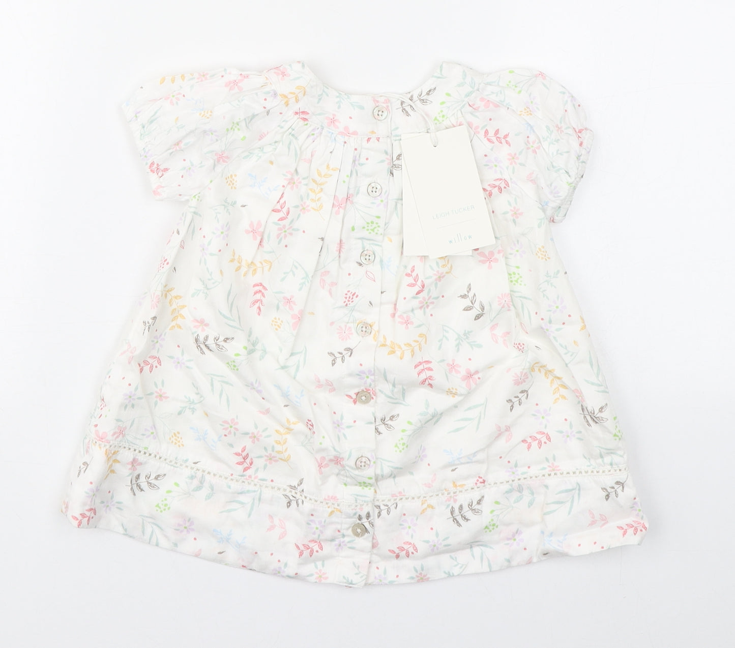 Leigh Tucker Girls White Floral 100% Cotton Trapeze & Swing  Size 3-6 Months  Round Neck Button