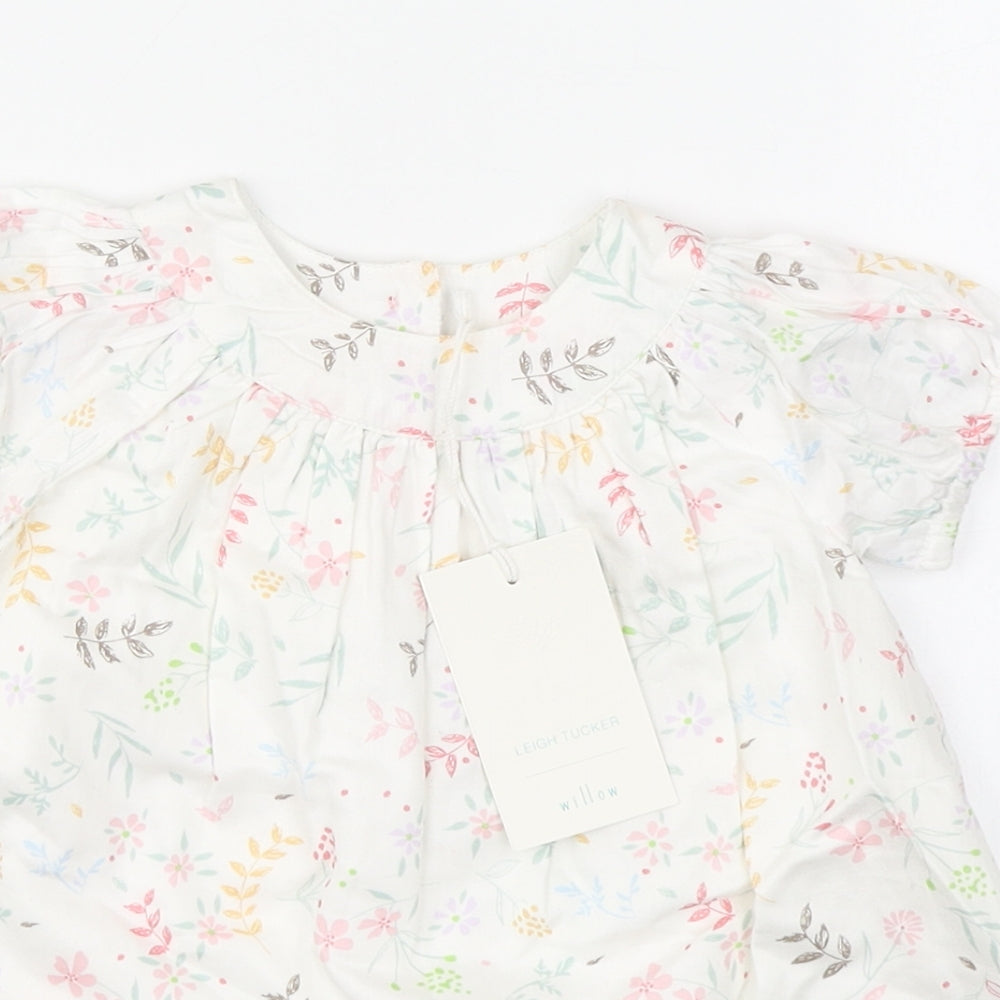 Leigh Tucker Girls White Floral 100% Cotton Trapeze & Swing  Size 3-6 Months  Round Neck Button