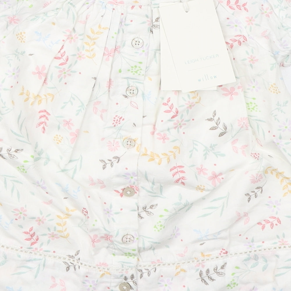 Leigh Tucker Girls White Floral 100% Cotton Trapeze & Swing  Size 3-6 Months  Round Neck Button