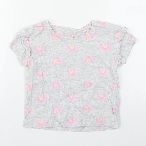 Primark Girls Grey Geometric Cotton Basic T-Shirt Size 6-7 Years Round Neck Push Lock
