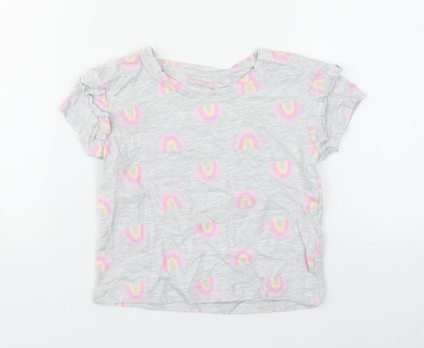 Primark Girls Grey Geometric Cotton Basic T-Shirt Size 6-7 Years Round Neck Push Lock