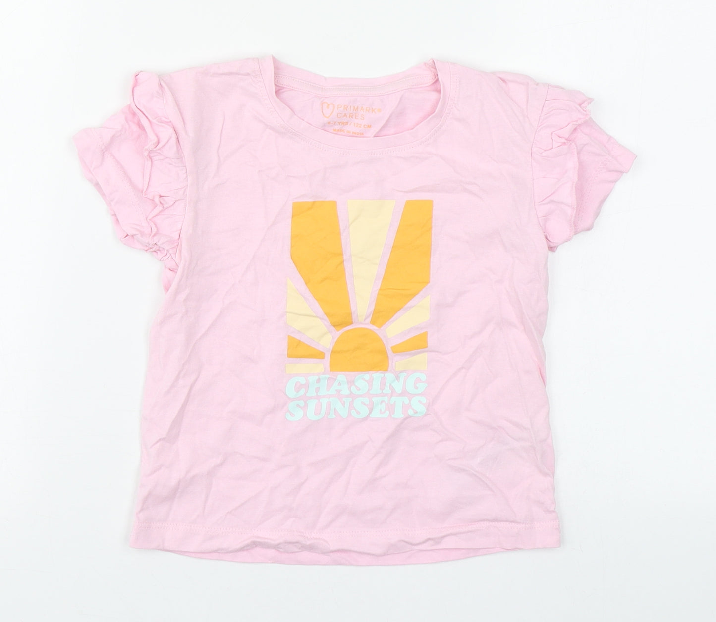 Primark Girls Pink  100% Cotton Basic T-Shirt Size 6-7 Years Roll Neck Pullover
