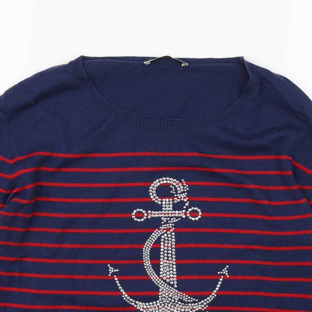 Oasis Womens Blue Scoop Neck Striped Cotton Pullover Jumper Size L