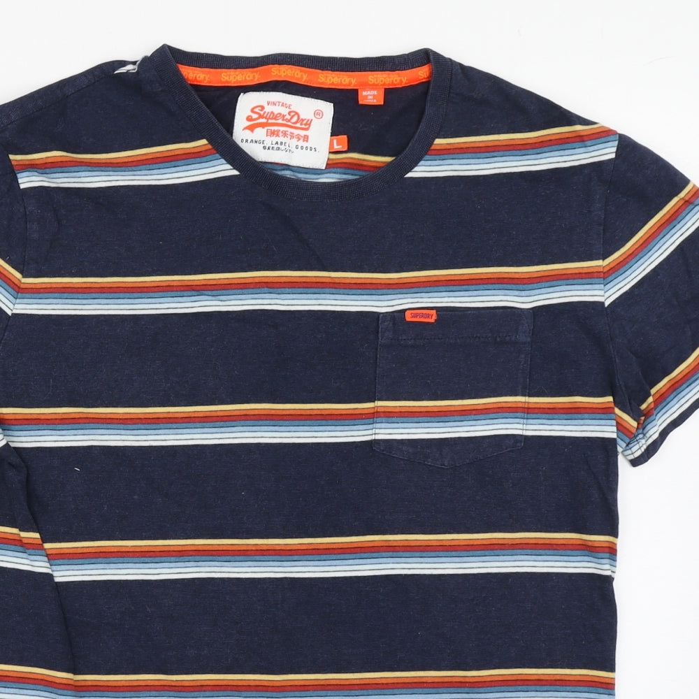 Superdry Mens Multicoloured Striped Cotton  T-Shirt Size L Collared