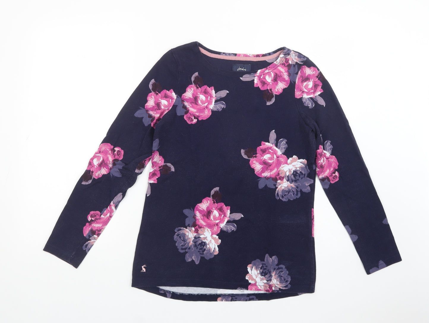 Joules Womens Blue Floral Cotton Basic T-Shirt Size 12 Boat Neck
