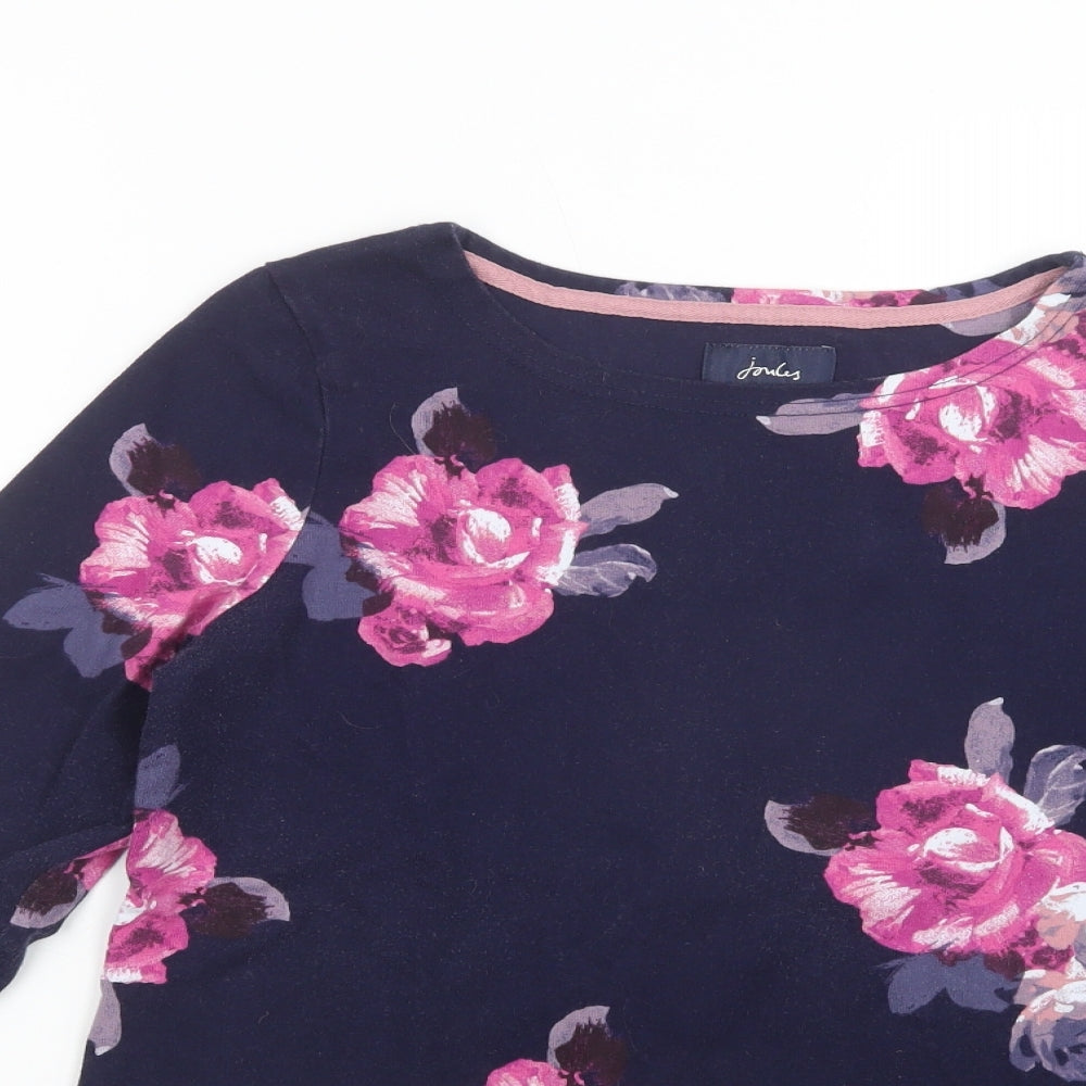 Joules Womens Blue Floral Cotton Basic T-Shirt Size 12 Boat Neck