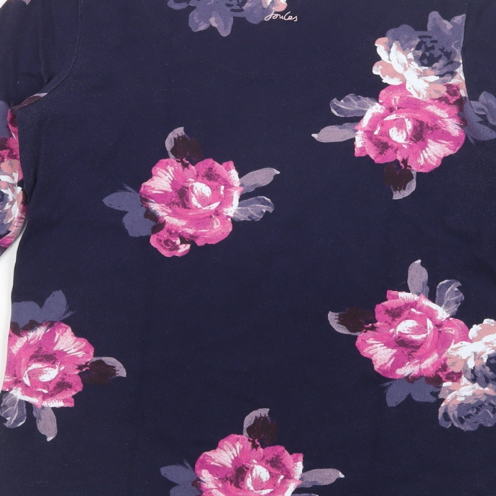 Joules Womens Blue Floral Cotton Basic T-Shirt Size 12 Boat Neck