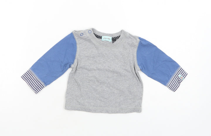 Lilly + Sid  Baby Grey Colourblock Cotton Pullover T-Shirt Size 6-9 Months Crew Neck Snap
