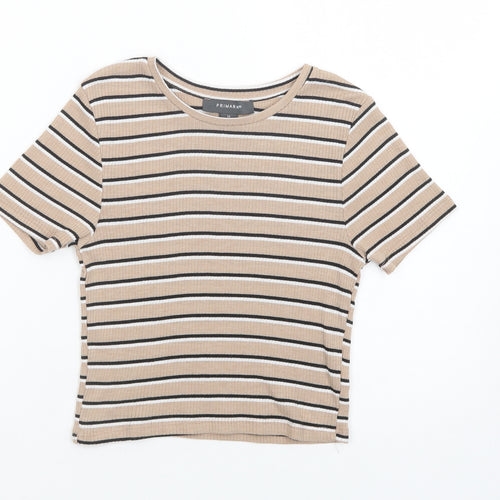 Primark Womens Beige Striped Polyester Cropped T-Shirt Size 6 Crew Neck
