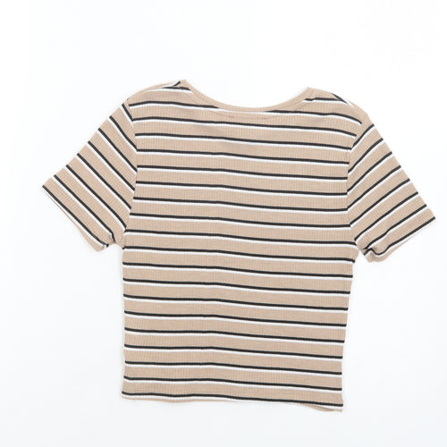 Primark Womens Beige Striped Polyester Cropped T-Shirt Size 6 Crew Neck