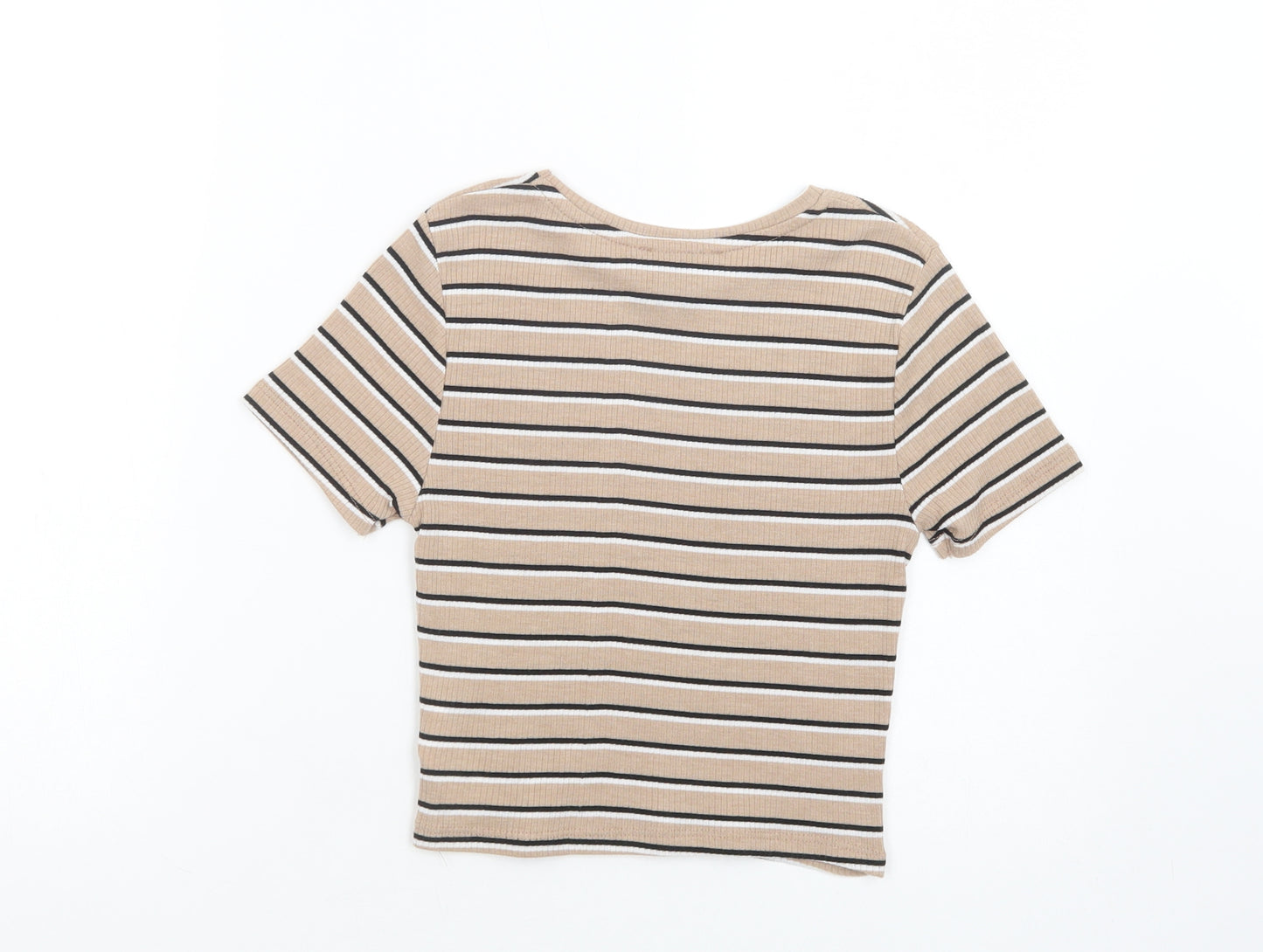 Primark Womens Beige Striped Polyester Cropped T-Shirt Size 6 Crew Neck