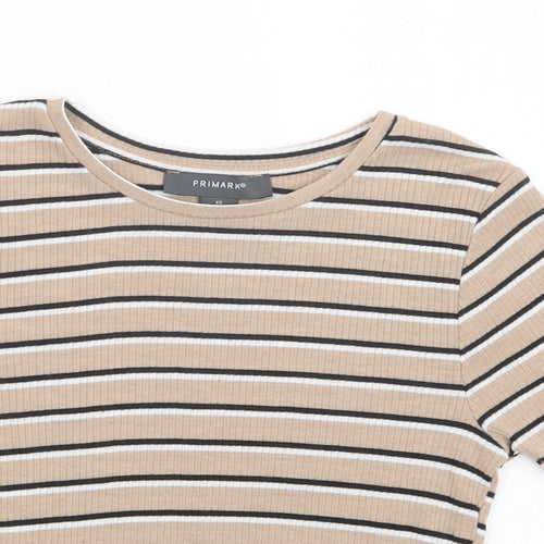 Primark Womens Beige Striped Polyester Cropped T-Shirt Size 6 Crew Neck