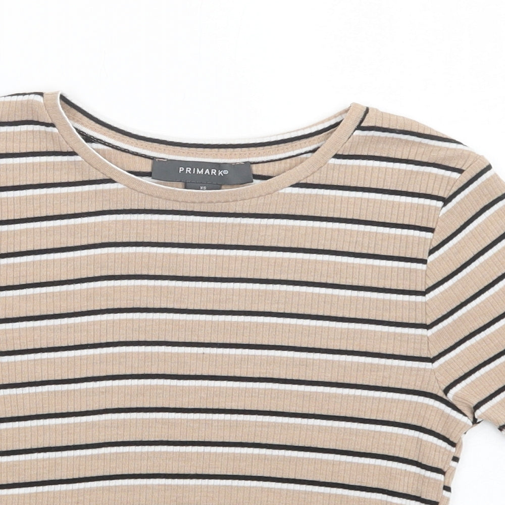Primark Womens Beige Striped Polyester Cropped T-Shirt Size 6 Crew Neck