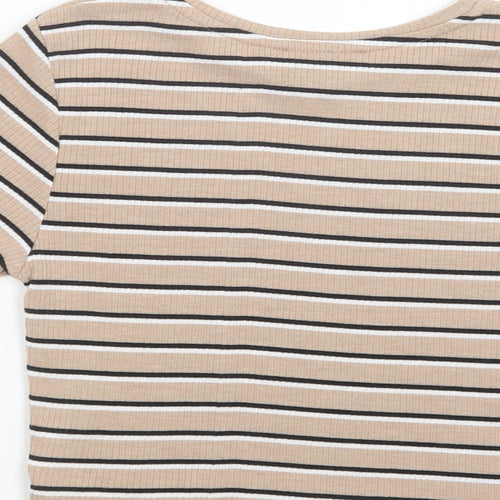 Primark Womens Beige Striped Polyester Cropped T-Shirt Size 6 Crew Neck