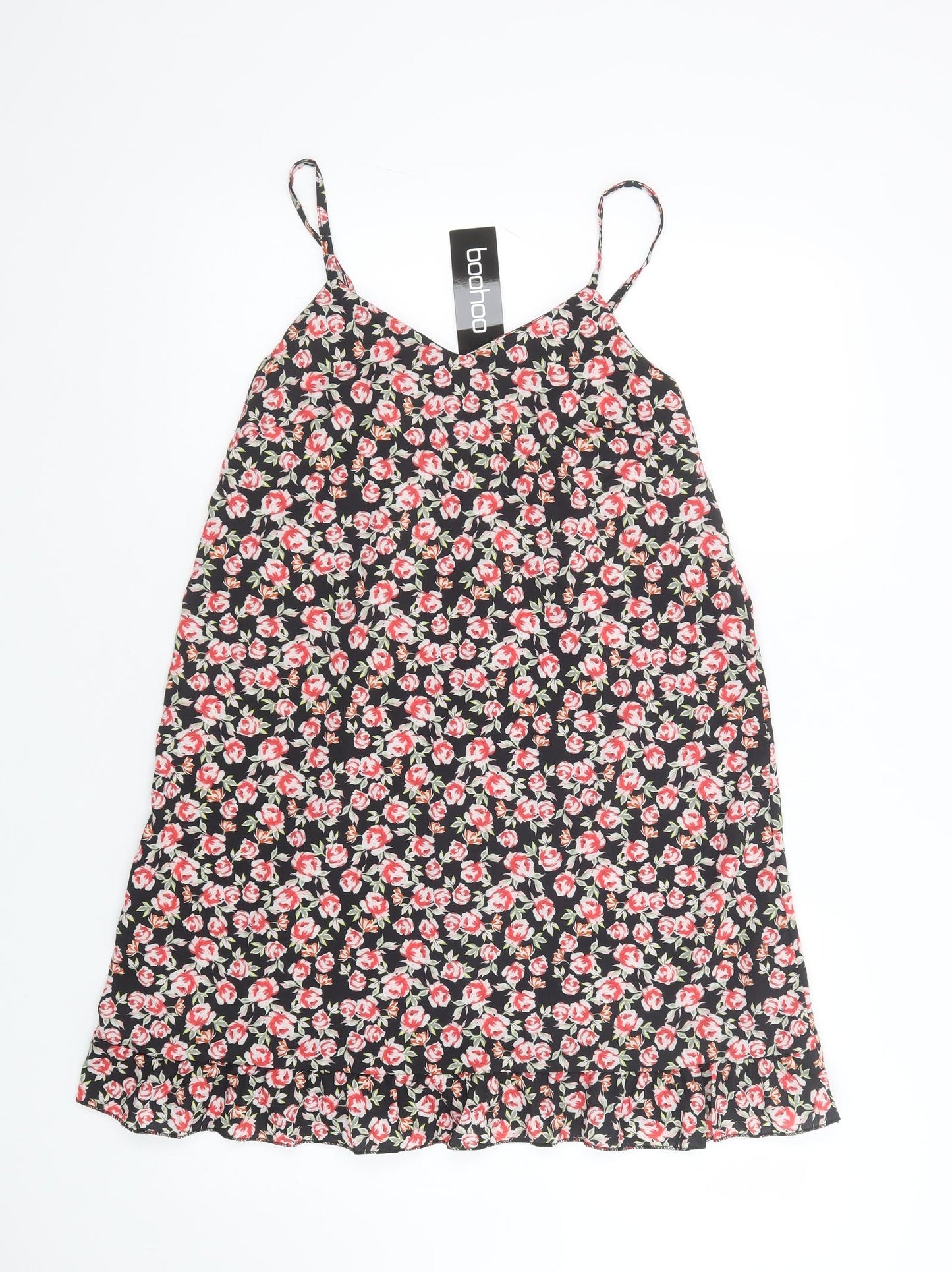 Boohoo Womens Black Floral Polyester Slip Dress  Size 10  V-Neck Pullover