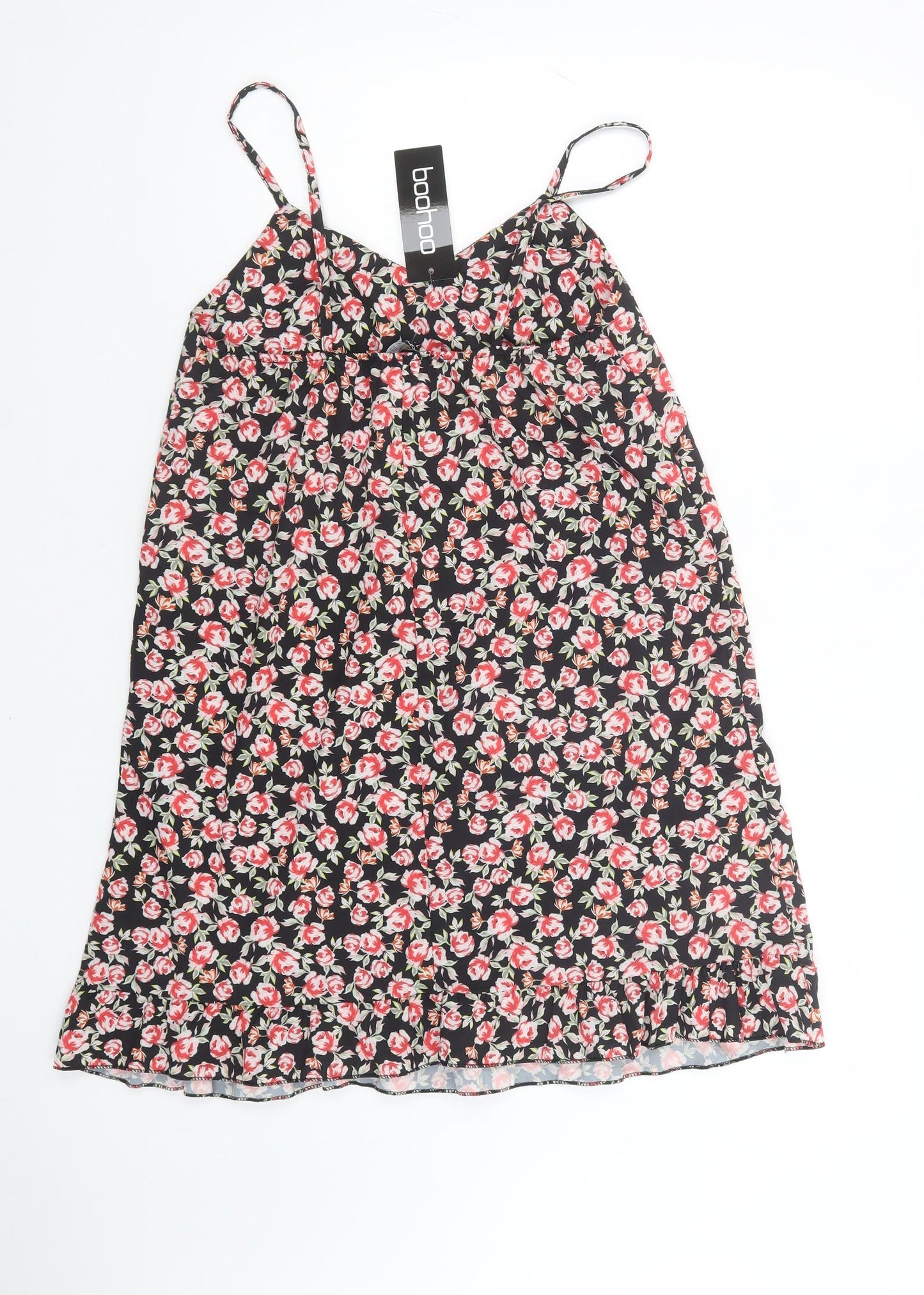 Boohoo Womens Black Floral Polyester Slip Dress  Size 10  V-Neck Pullover
