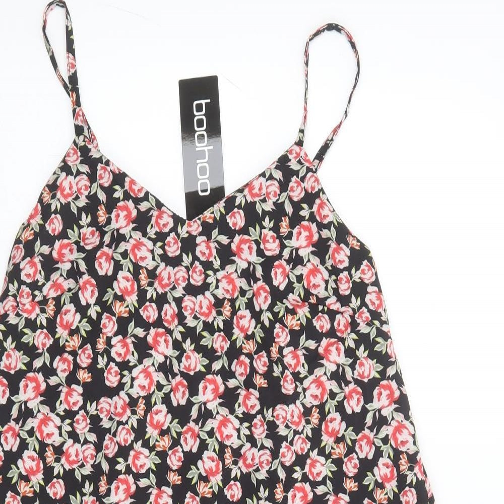 Boohoo Womens Black Floral Polyester Slip Dress  Size 10  V-Neck Pullover