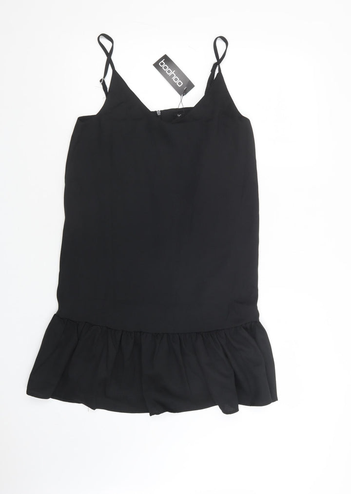 Boohoo Womens Black Polyester Slip Dress Size 10 V-Neck Zip
