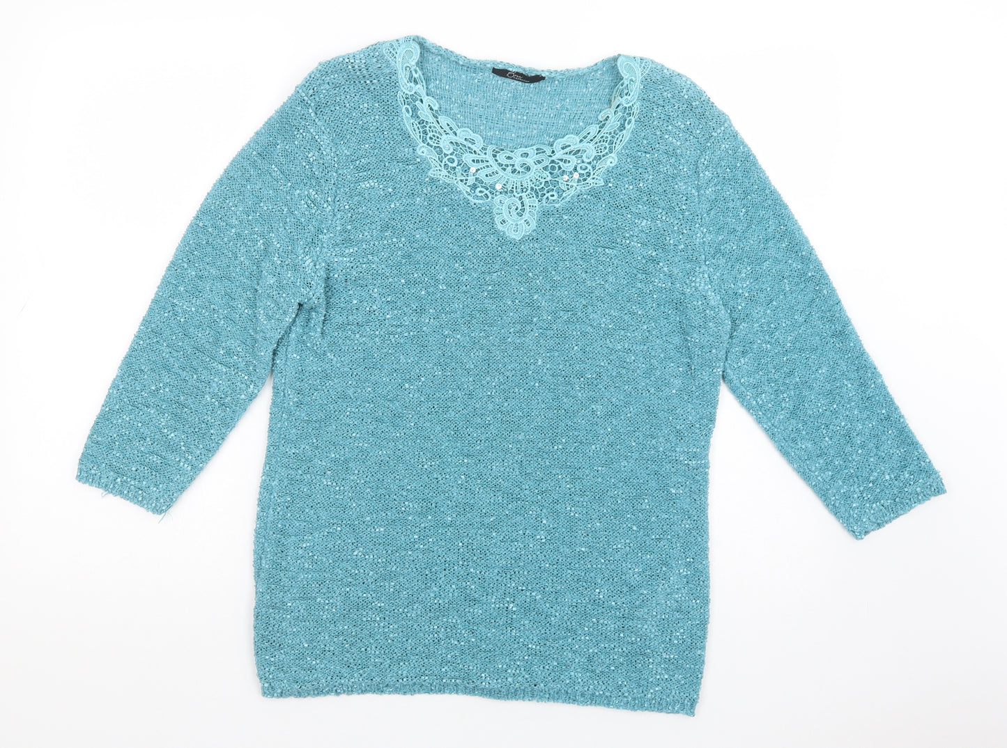 Bm Collection Womens Green Scoop Neck  Polyester Pullover Jumper Size M   - Lace Detail