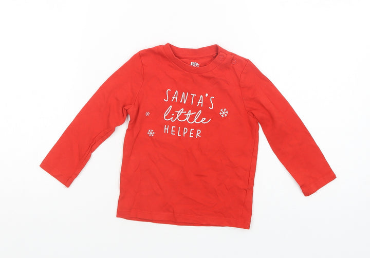 F&F Baby Red Cotton Pullover T-Shirt Size 12-18 Months Crew Neck Snap - Santa's Little Helper