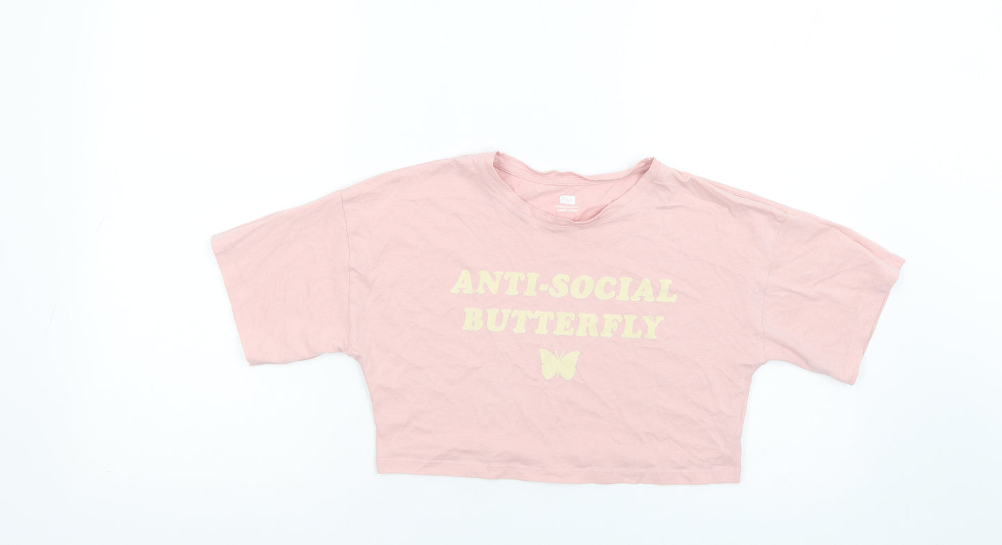 F&F Girls Pink  Cotton Cropped T-Shirt Size 12-13 Years Crew Neck Pullover - Anti-Social